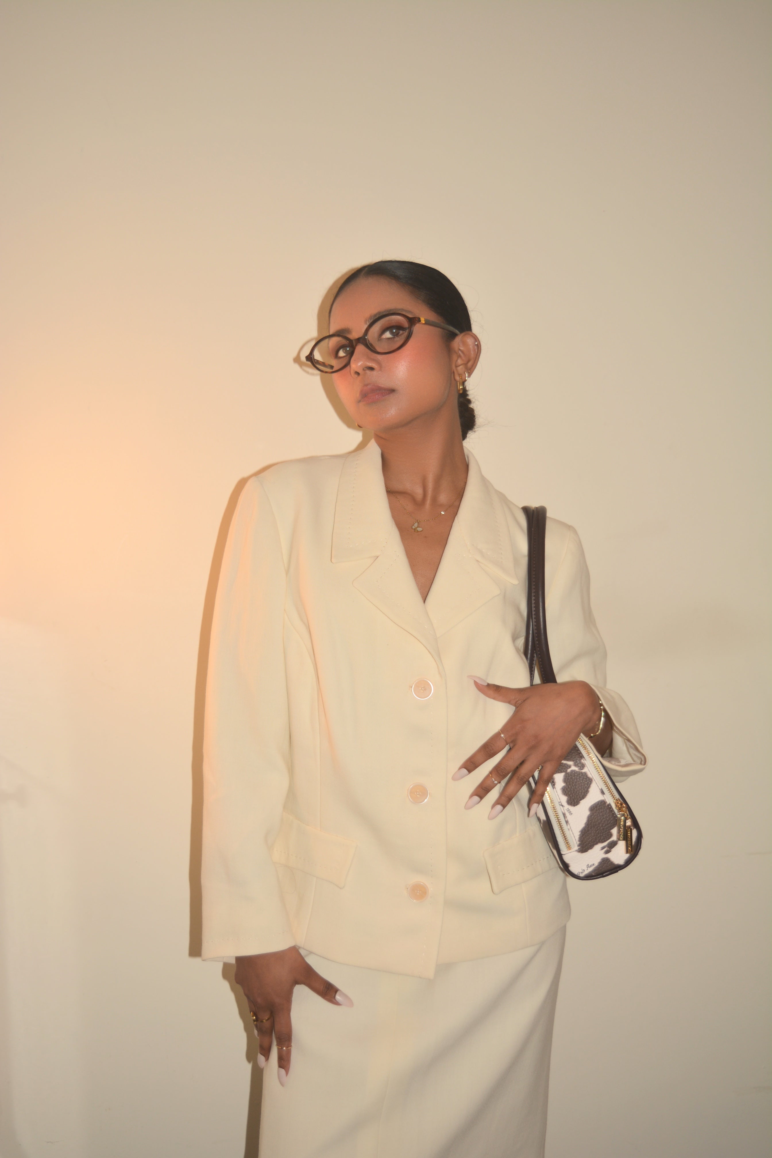 Vintage Cream Skirt Suit Set | 90s Minimalist Ivory Blazer & Matching Skirt