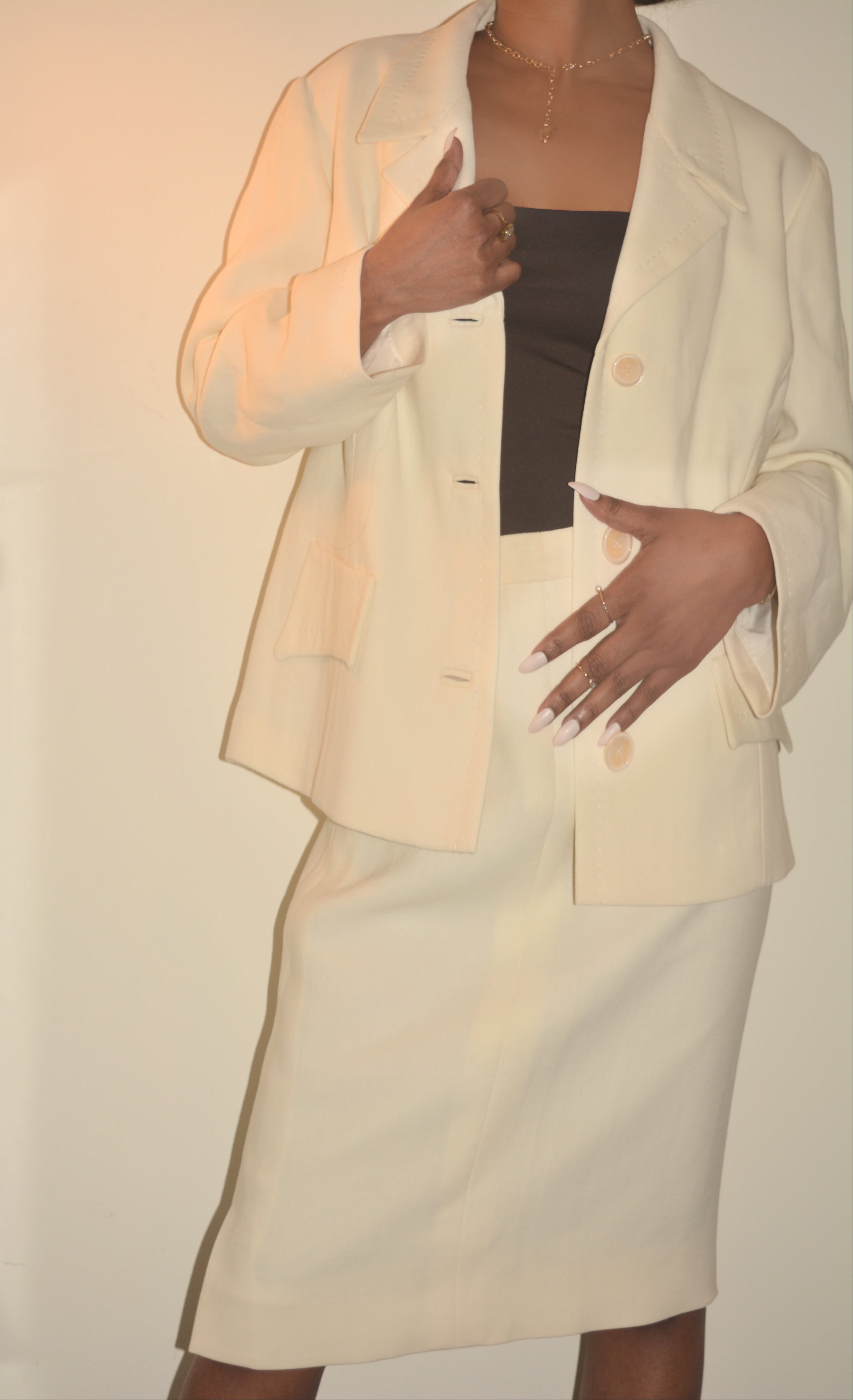Vintage Cream Skirt Suit Set | 90s Minimalist Ivory Blazer & Matching Skirt